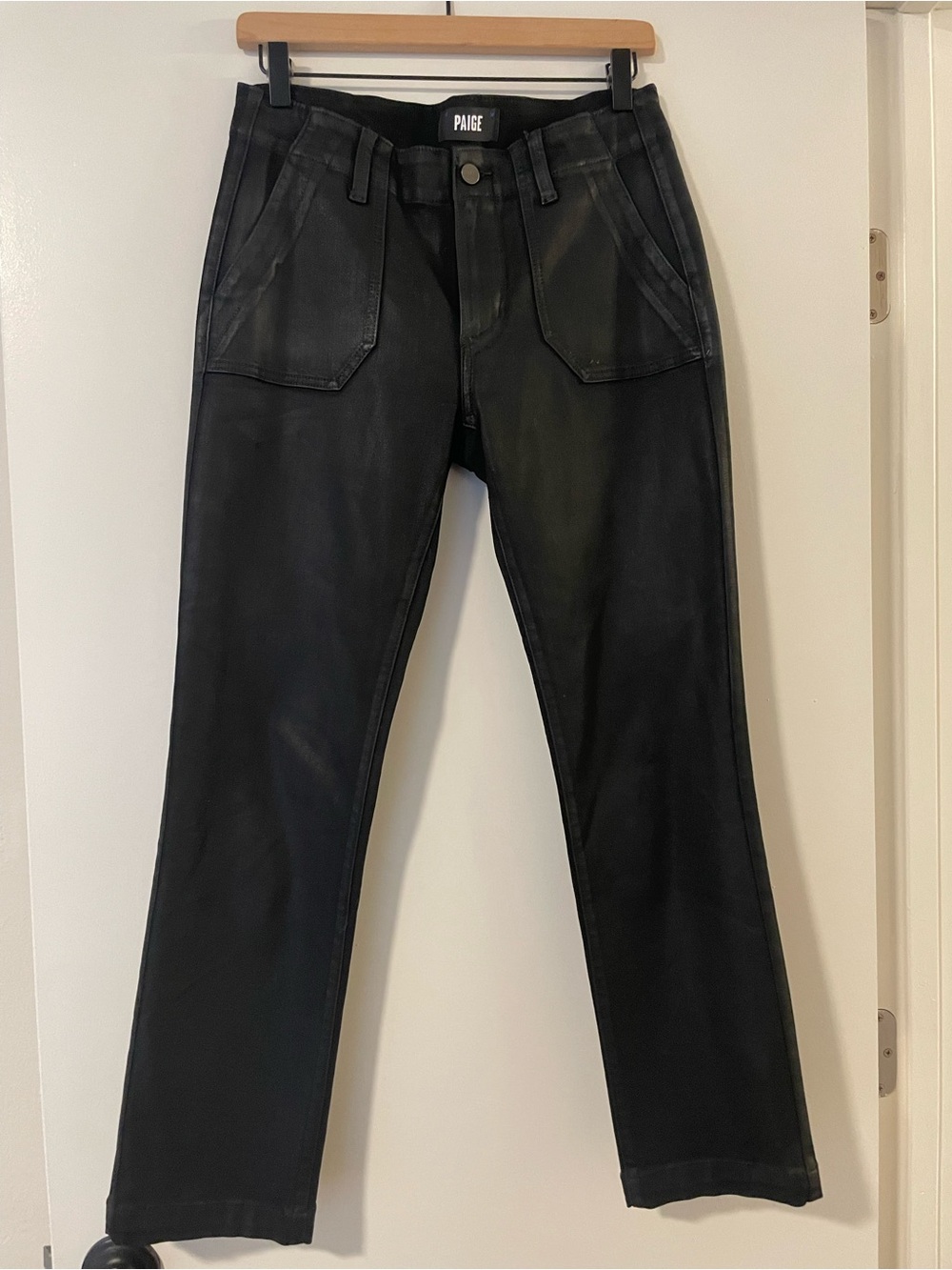 PAIGE mayslie Black Straight-Leg Women's luxe Jeans with Front Patch Pockets